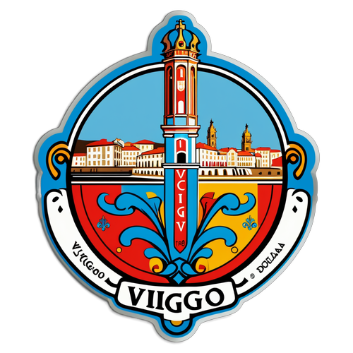 Sticker artístico que representa los colores de la ciudad de Vigo con 'Celta de Vigo' en estilo retro