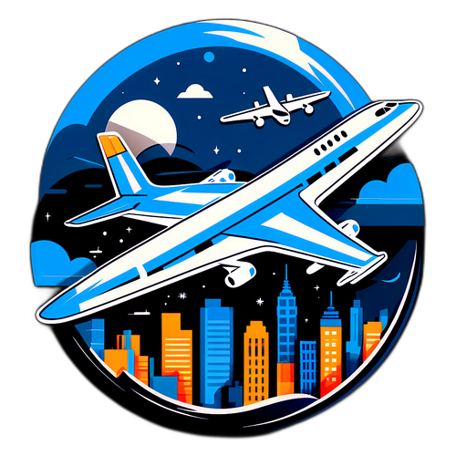 Avion stylisé au-dessus d'un paysage urbain