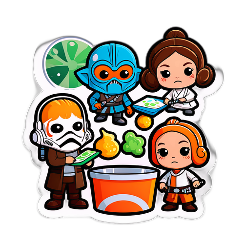 Humorystyczna naklejka z postaciami Star Wars w codziennych sytuacjach