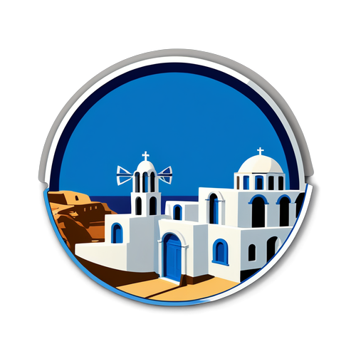 Moderne Sticker von Santorini mit stilisierten Häusern und der griechischen Flagge