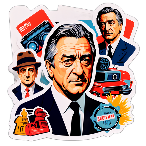 Ein stilisierter Portrait von Robert De Niro in seiner bekanntesten Rolle, umgeben von Filmrequisiten