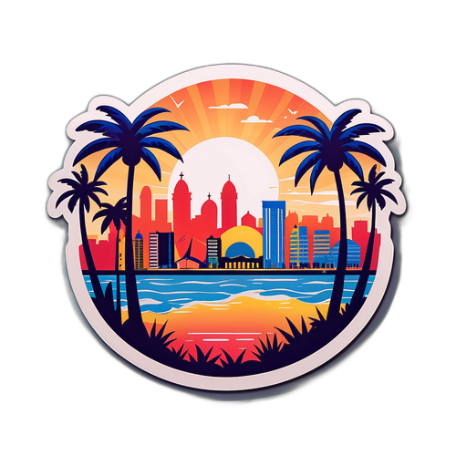 Design di un adesivo del skyline di Montevideo al tramonto
