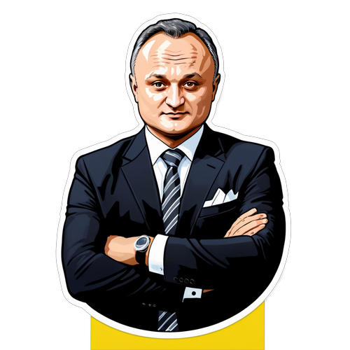 Sticker cu Igor Dodon în costum pe fundal alb-negru