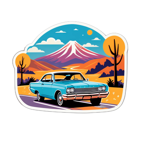 Une voiture américaine des années 60 sur une route pittoresque, symbolisant l'aventure