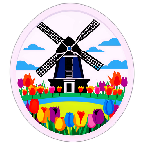 Vindmølle i Holland med farverige tulipaner