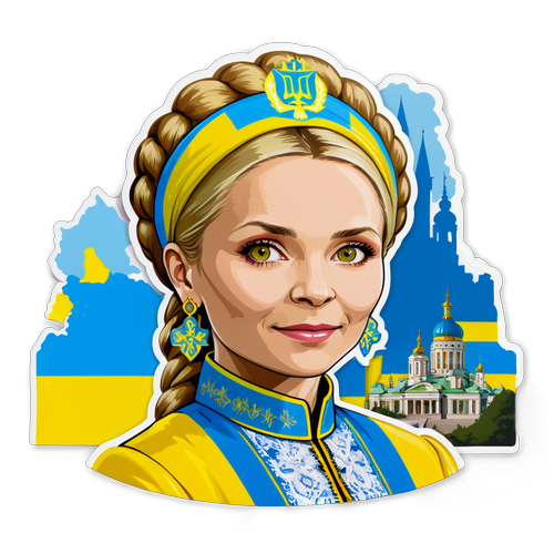 Яскравий наклейка з українським прапором та портретом Юлії Тимошенко
