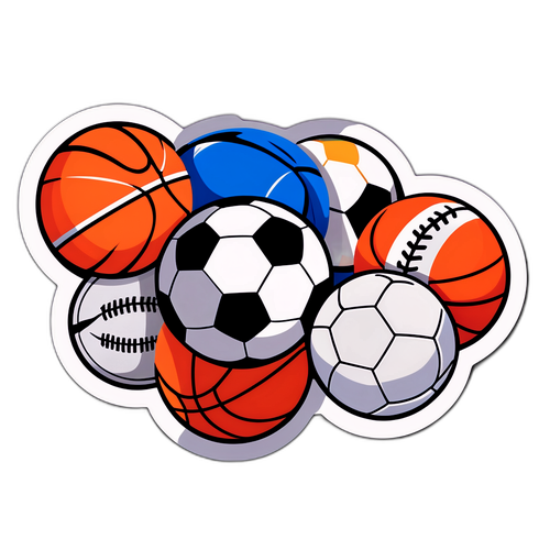 Стикер с несколькими спортивными мячами, соединенными цепью, символизирующий командный дух