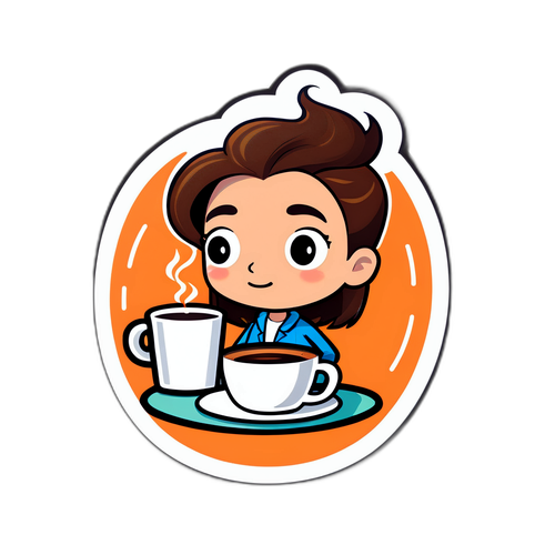 カフェでコーヒーを飲むキャラクターのステッカー