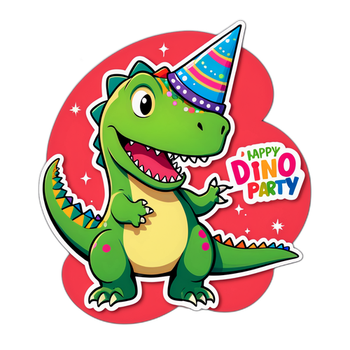 Un dinosauro stravagante con un cappello da festa che dice 'Festa Dino-Mite!'