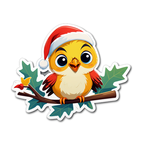 Un divertido sticker de un pajarito cantando feliz en una rama con un sombrero de Navidad