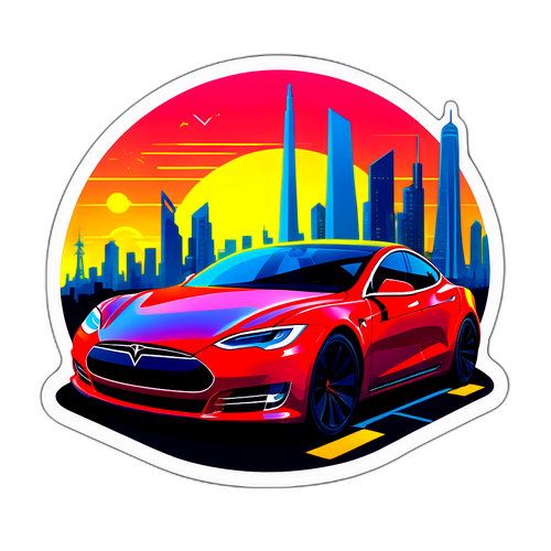 מכונית טסלה חלקה בתנועה עם רקע של קו עירוני עתידני