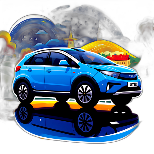 Ілюстрація електромобіля BYD, що мандрує українськими селами під зірковим небом