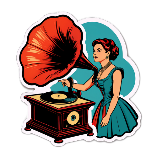 Sticker de Marixa Balli con fondo de gramófono vintage, simbolizando su legado musical
