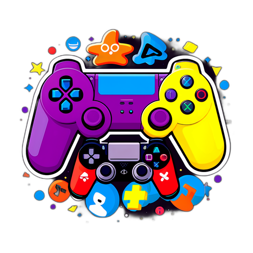 Un design amusant de deux manettes PlayStation entrelacées, entourées par des personnages de jeux vidéo emblématiques.