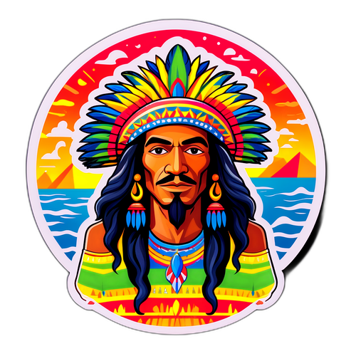 Reprezentare artistică a unui lider indigen pe un fundal vibrant
