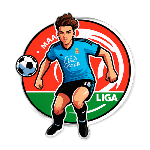 Design samolepky s portrétem Maxy Ligy v akčním stylu se fotbalovým míčem a jeho jménem v dynamickém písmu