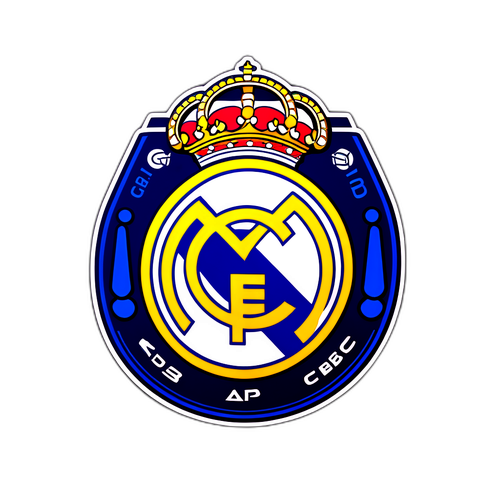 A Real Madrid logó trófeákkal és focikkal díszítve a Santiago Bernabéu stadion hátterében