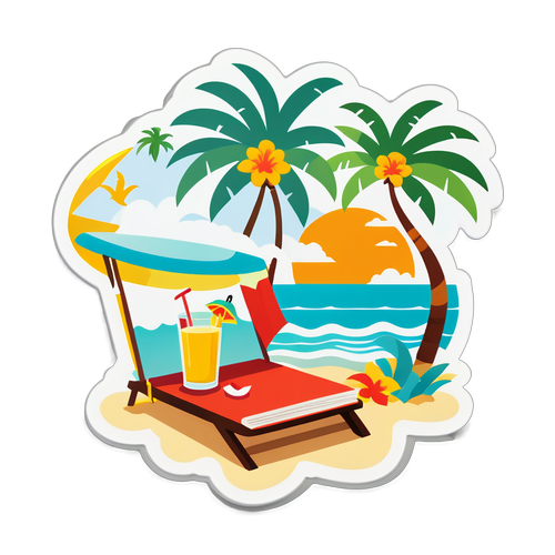 Sticker van een tropisch eiland met een strandstoel, een boek en een cocktail