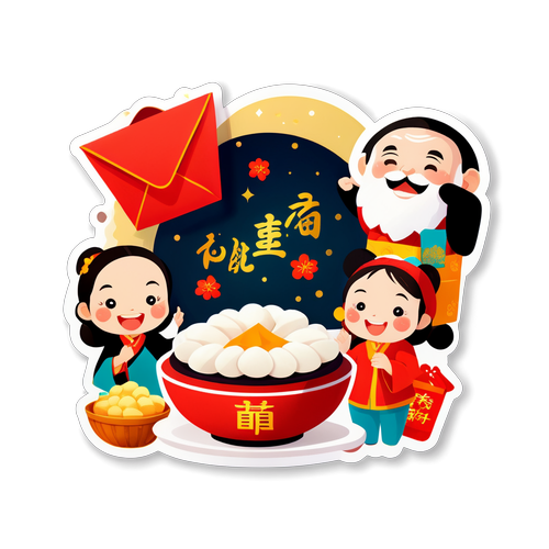 Sticker Tết Nguyên Đán với bao lì xì, bánh chưng, và không khí ấm áp gia đình