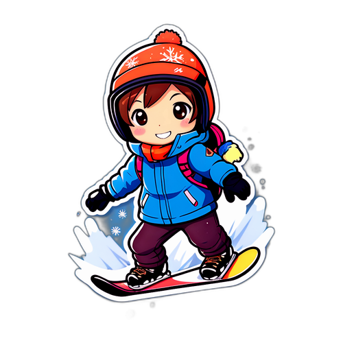 Sticker adorabil cu un personaj anime pe o placă de snowboard
