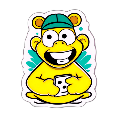 Design a sticker of a friendly cartoon character checking their phone with 'Cek bansos.kemensos.go.id' in a fun font.