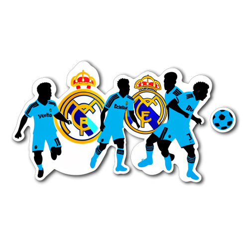 Design sărbătorește Real Madrid CF cu un logo stilizat și jucători de fotbal în acțiune