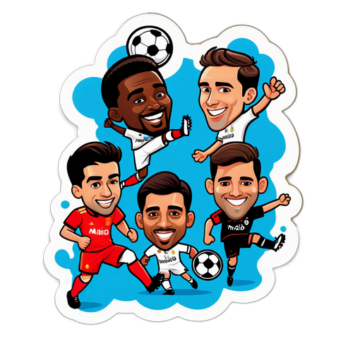 סצנה משעשעת של משחק כדורגל עם קריקטורות של שחקנים מגירונה וריאל מדריד