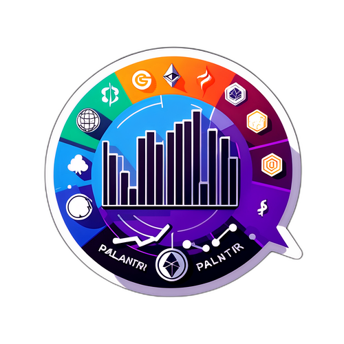 Sticker van een grafiek die de stijgende aandelen van Palantir visualiseert, met crypto-elementen