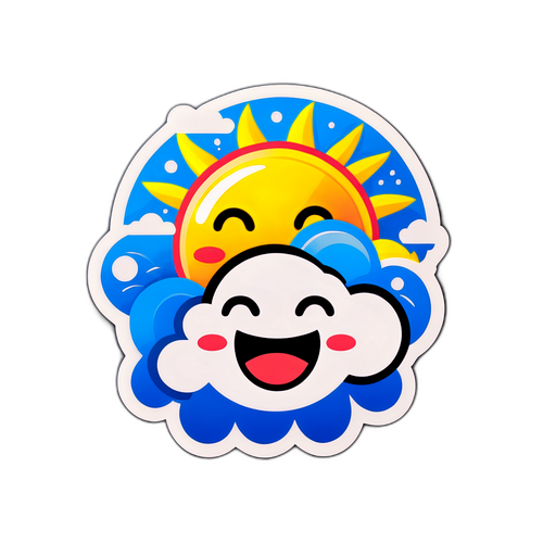 Időjárás-előrejelző matrica: nap, felhők és boldog arc