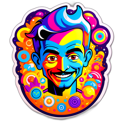 Portrait graphique de Michou avec des éléments de sa personnalité et des couleurs vives