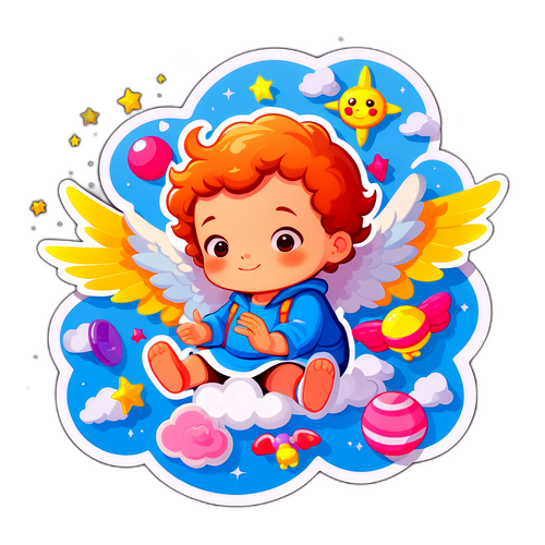 Niño soñado con alas rodeado de juguetes volando en una nube