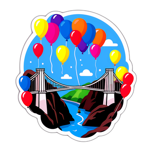 Klart og lekent klistremerke av Clifton Suspension Bridge med fargerike ballonger