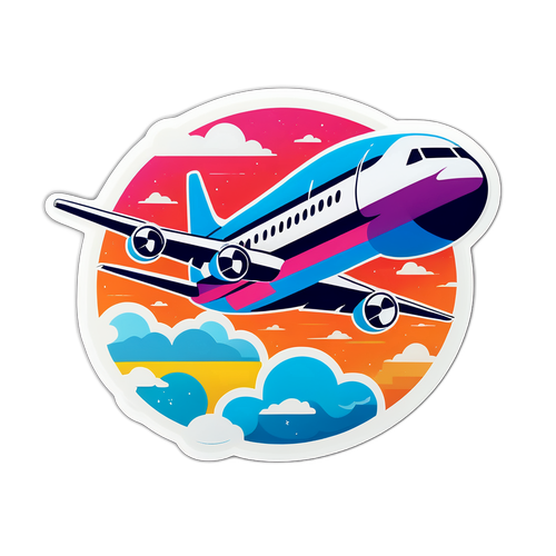 Minimalistische sticker van een vliegtuig in levendige wolken
