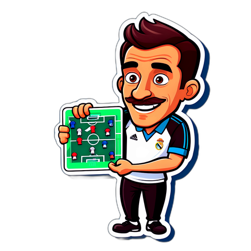 Hauska jalkapallovalmentaja taktiikkataulun kanssa