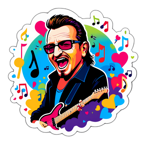 Speelse illustratie van Bono die 'One Love' zingt