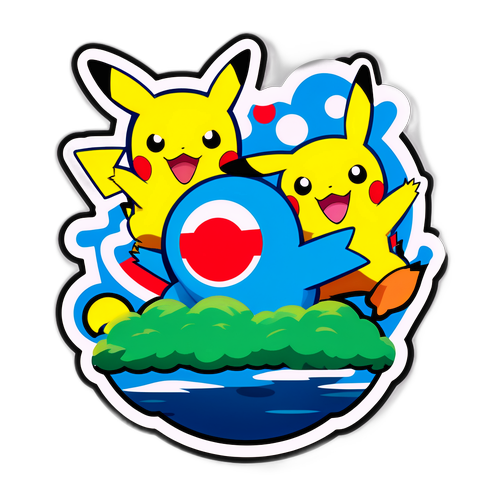 ポケモンが楽しそうに遊んでいるシーンのステッカー
