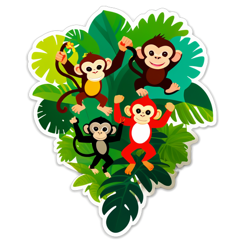 Vibrant Tropical Jungle Scene with Playful Monkeys