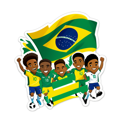 Descubra o Sticker Vibrante da Seleção Brasileira: Jogadores em Ação com a Bandeira Patriótica!