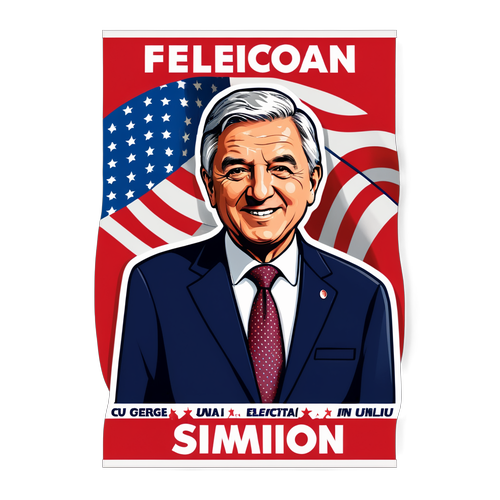 Sticker cu George Simion în fața unui banner electoral