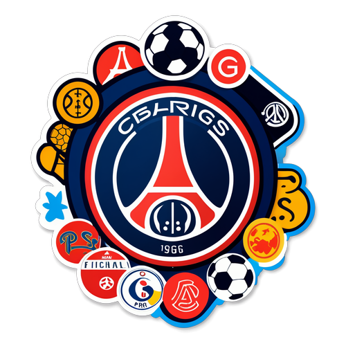 Stickers z charakterystycznym logo PSG i ikonami związanymi z piłką nożną