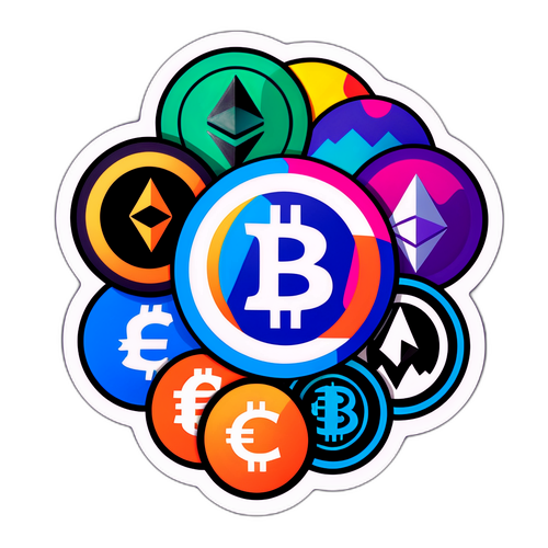 Adesivo colorato con il logo di CoinMarketCap e criptovalute stilizzate