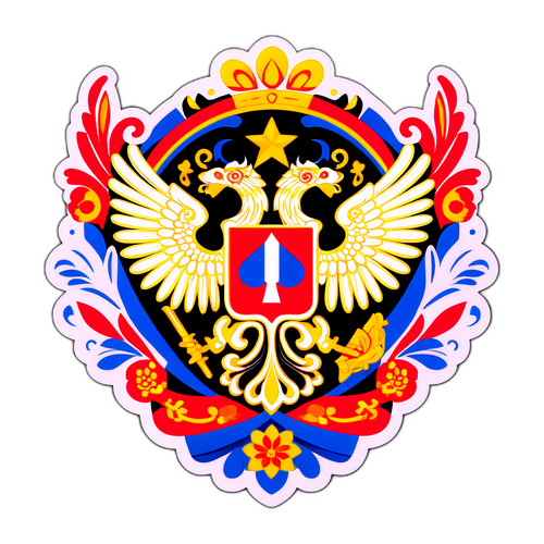 Umělecké ztvárnění ruského znaku s tradičními ruskými motivy