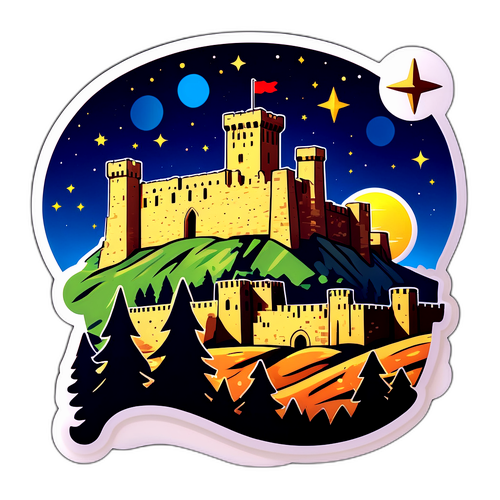 Sticker représentant des sites historiques syriens, comme le château de Krak des Chevaliers, avec un ciel étoilé