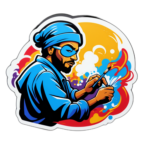 Un sticker de un artista de graffiti pintando un mural