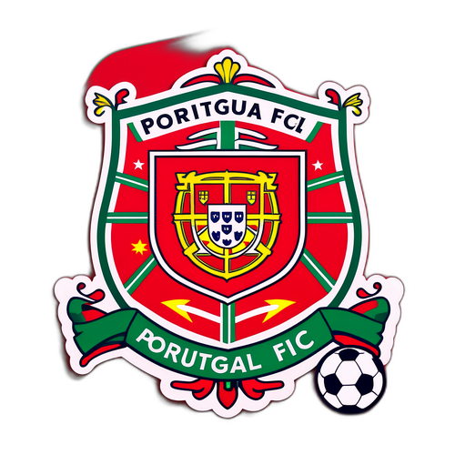Ubunifu wa Kispoti ukionyesha nembo ya Portugal FC dhidi ya mandhari ya uwanjani wa mpira wa miguu