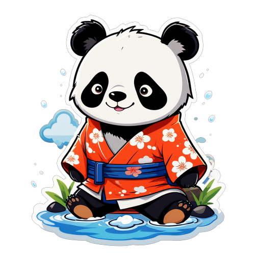 穿着浴衣泡温泉的卡通熊猫