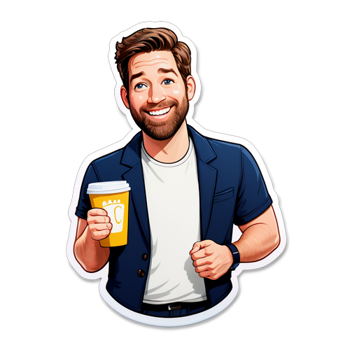 Whimsical Cartoon of John Krasinski with 'Good News' Mug