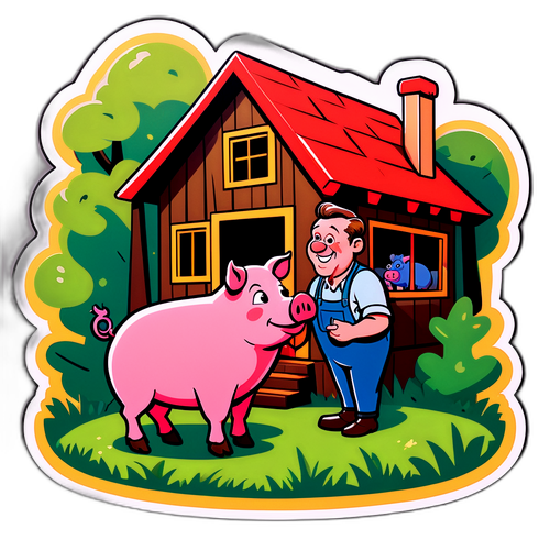 Humorvolle Cartoon Szene im Waldhaus mit Schwein
