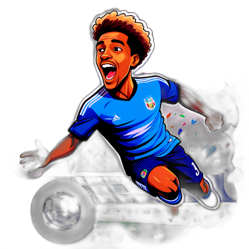 Vibrant design av Joao Pedro med fotballfelt og feirende fans