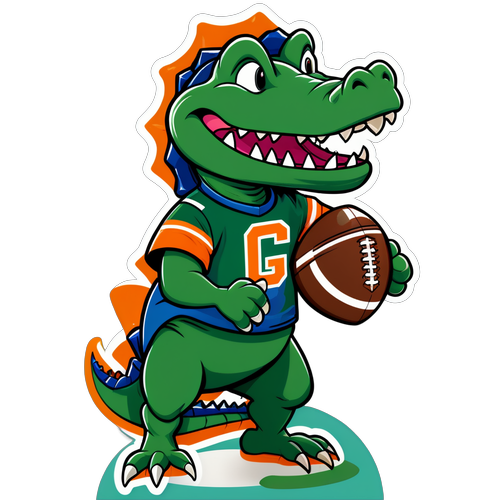 Meet the Ultimate Rivalry: Cheerful Gator in Football Jersey Blends Florida and Miami Colors!